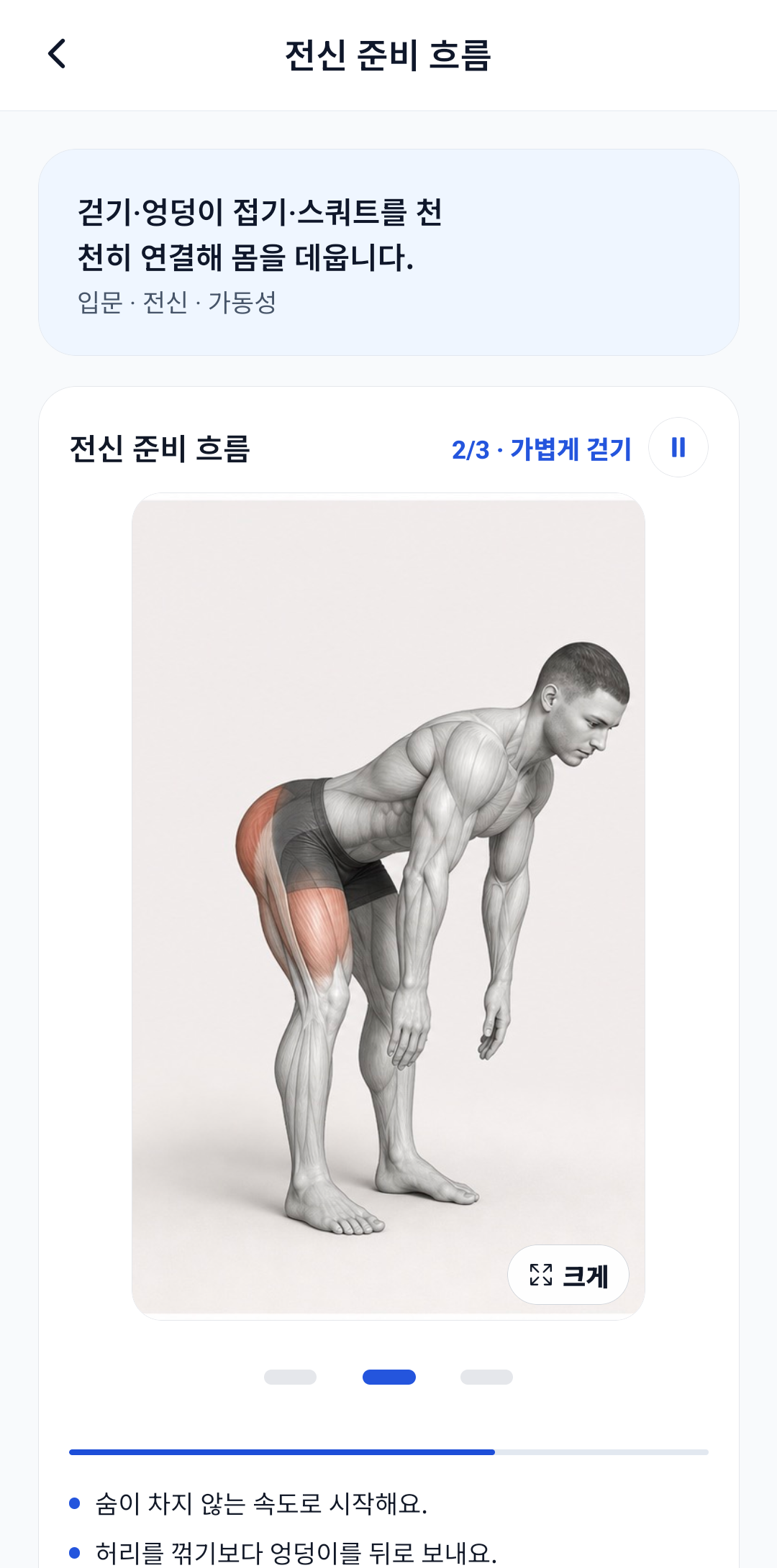 병역핏 학습 동작 수행 화면 — 부위별 근육 표시 일러스트와 자세 주의점